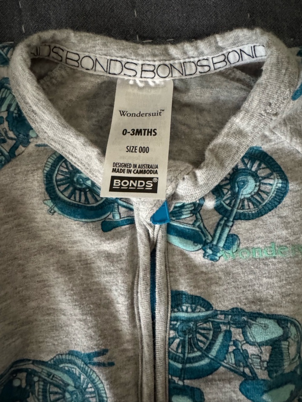 Bonds Wondersuit Zip Pajamas 0-3 months Motorcycle Print - Picture 2 of 5